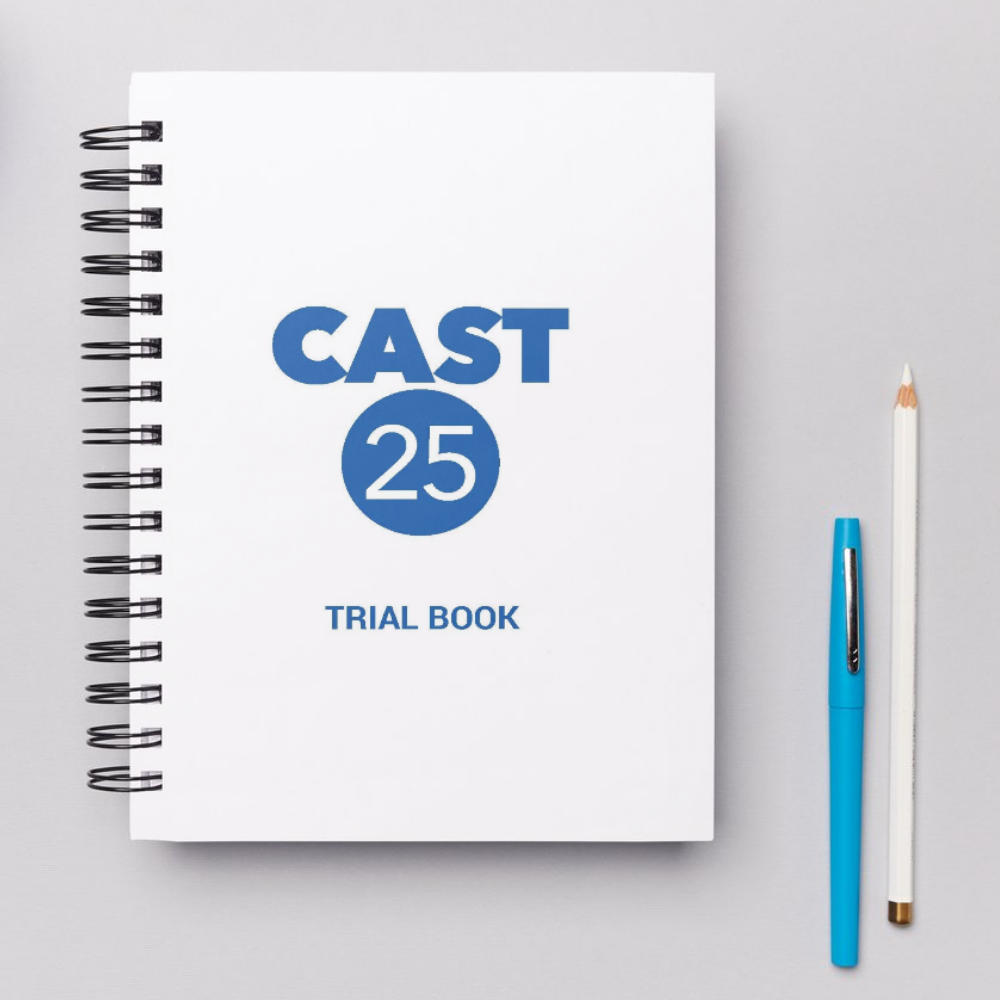 CAST25 Trial Book on a grey background.